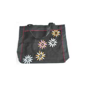 Taske stor sort rd kant med blomster